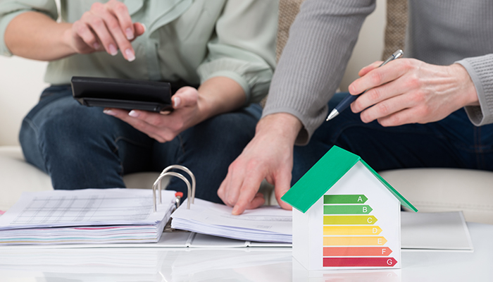 Close-up Of Couple Calculating Tax With House Model Showing Energy Efficiency Rate On Desk